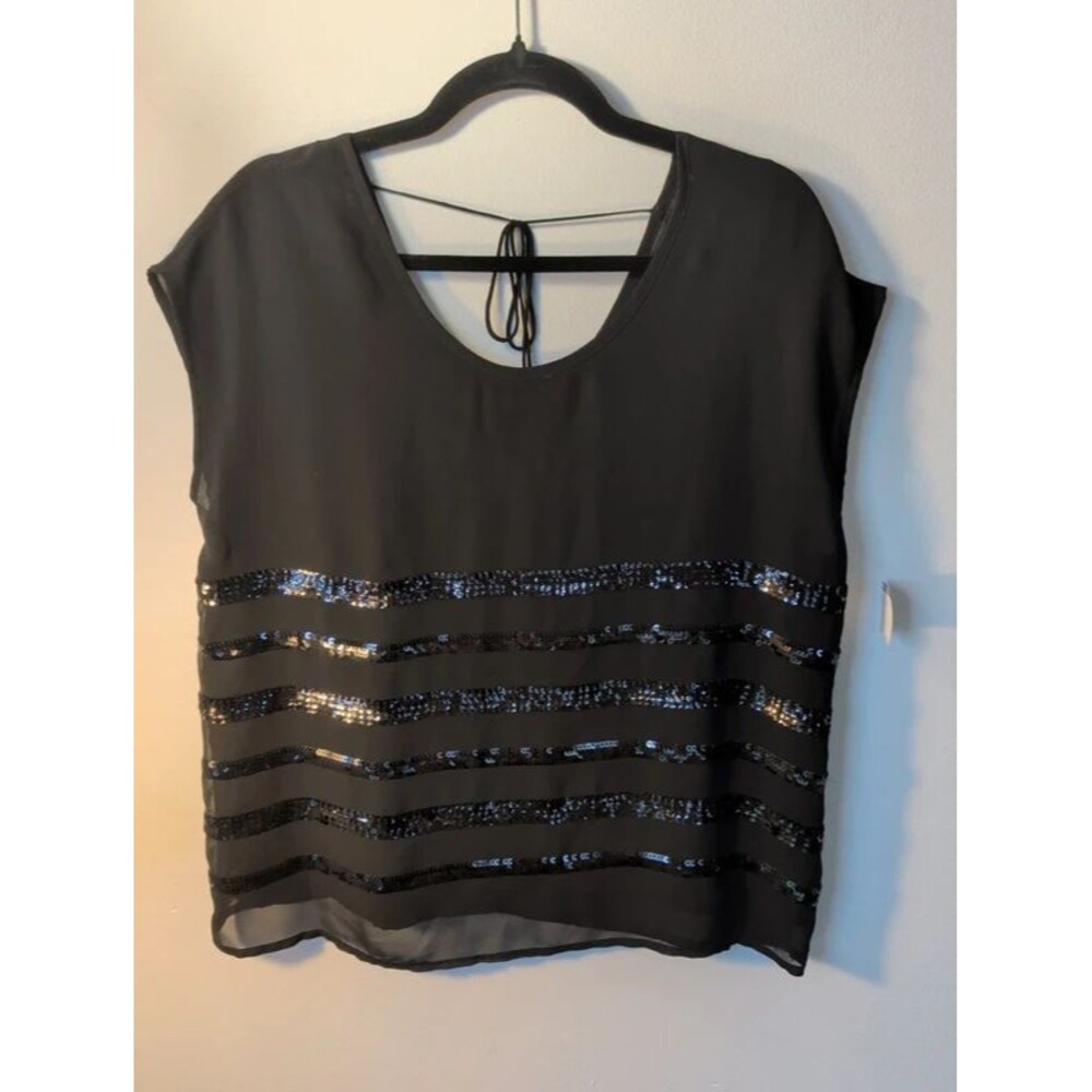 NWT a.n.a Black Sheer Chiffon Sequin Striped Cutout Tie-Back Top Size PM